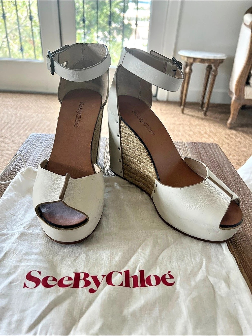 See By Chloé Cream & Brown Wedge Sandals EU 38